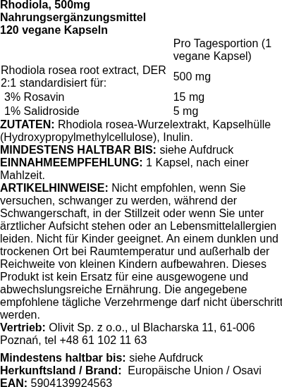 Produktetikett — Rhodiola, 500mg - 120 vegan caps