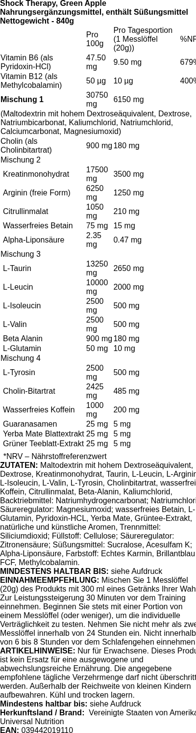 Produktetikett — Shock Therapy, Green Apple - 840 grams