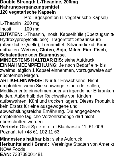 Produktetikett — Double Strength L-Theanine, 200mg - 120 vcaps