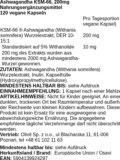 Produktetikett — Ashwagandha KSM-66, 200mg - 120 vegan caps
