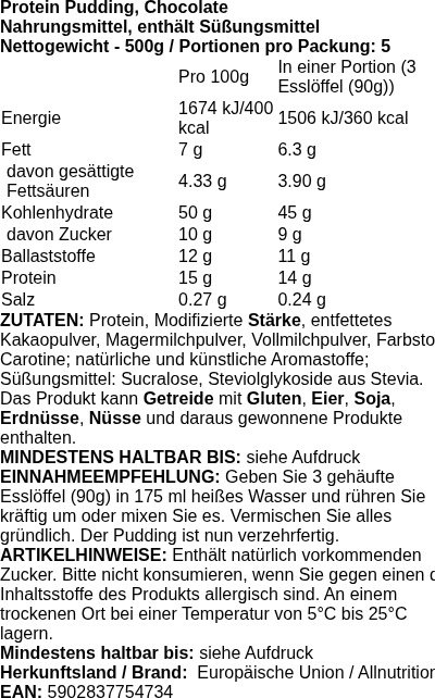 Produktetikett — Protein Pudding, Chocolate - 500 grams