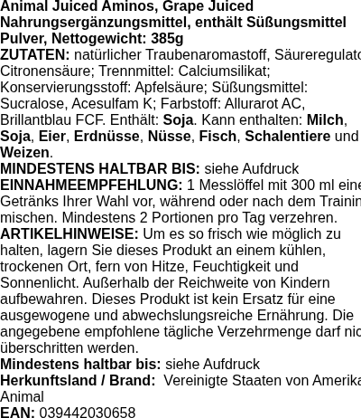 Produktetikett — Animal Juiced Aminos, Fruit Punch - 375 grams