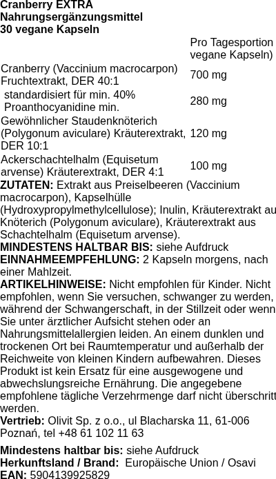 Produktetikett — Cranberry EXTRA - 30 vegan caps