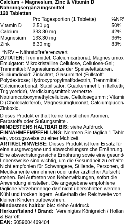 Produktetikett — Calcium + Magnesium, Zinc & Vitamin D - 120 tablets (EAN 5059604469404)