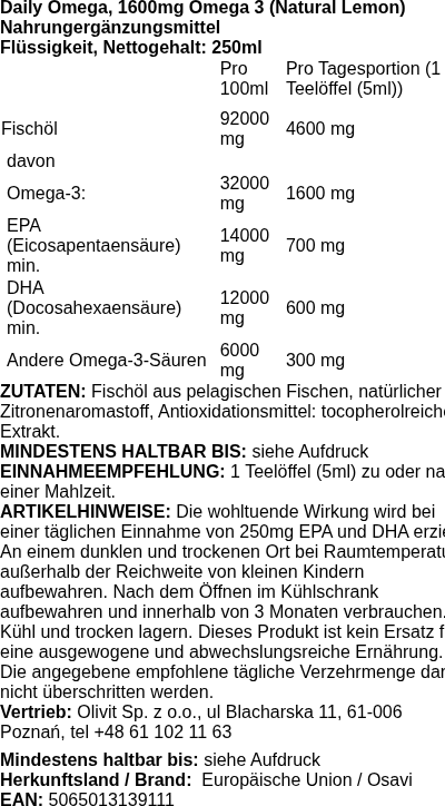 Produktetikett — Daily Omega, 1600mg Omega 3 (Natural Lemon) - 250 ml.