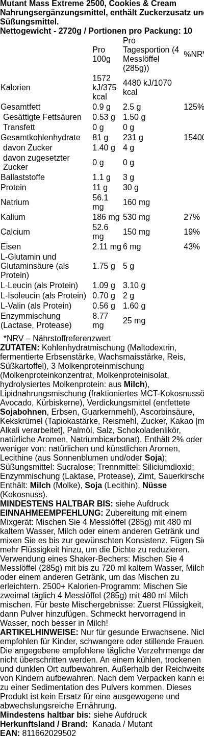 Produktetikett — Mutant Mass Extreme 2500, Cookies & Cream - 2720 grams