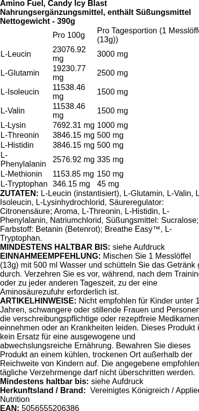 Produktetikett — Amino Fuel, Candy Icy Blast - 390 grams