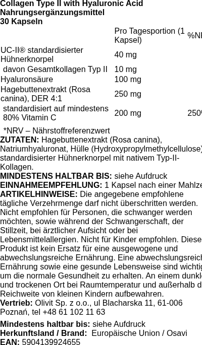 Produktetikett — Collagen Type II with Hyaluronic Acid - 30 caps