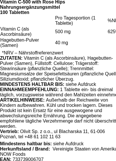 Produktetikett — Vitamin C-500 with Rose Hips - 100 tablets