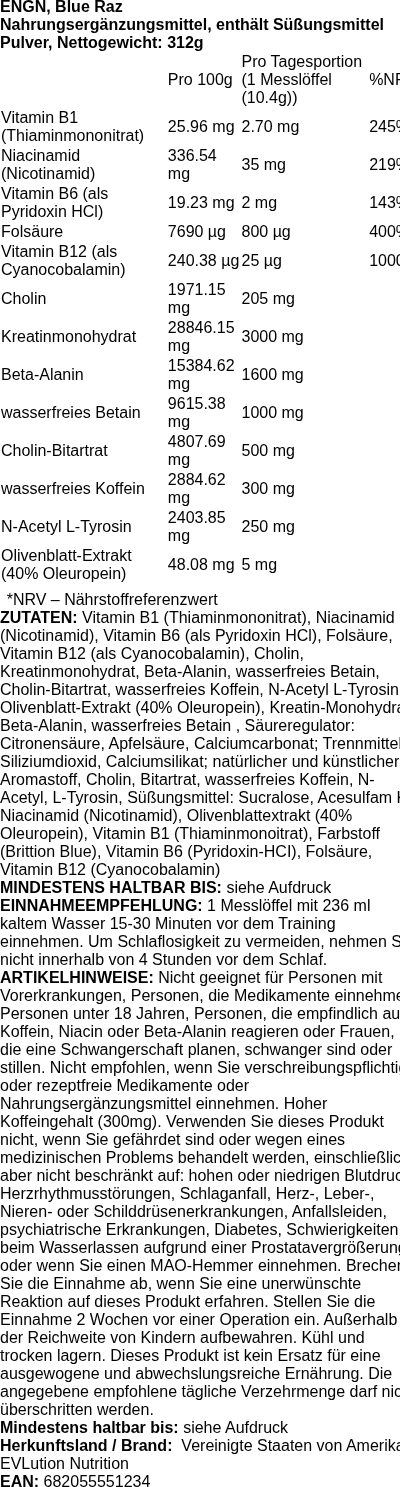 Produktetikett — ENGN, Blue Raz - 312 grams