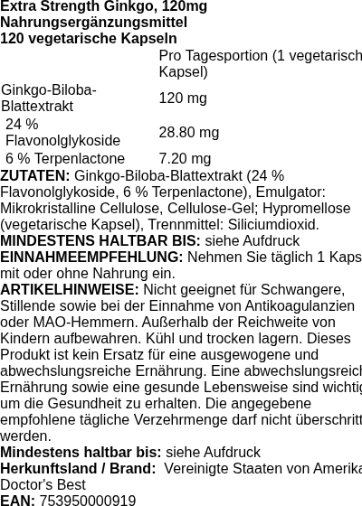 Produktetikett — Extra Strength Ginkgo, 120mg - 120 vcaps