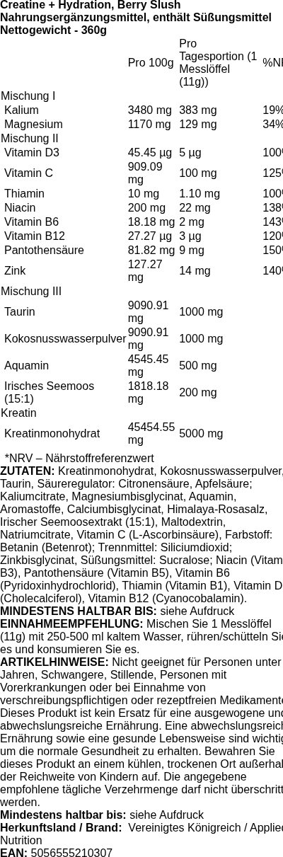 Produktetikett — Creatine + Hydration, Berry Slush - 360 grams