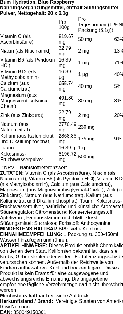 Produktetikett — Bum Hydration, Blue Raspberry - 20 x 6.1g