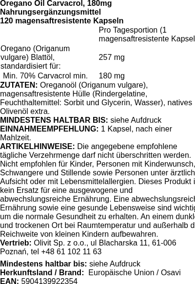 Produktetikett — Oregano Oil Carvacrol, 180mg - 120 enteric caps