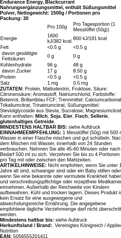 Produktetikett — Endurance Energy + Hydration, Blackcurrant (EAN 5056555201411) - 1500 grams