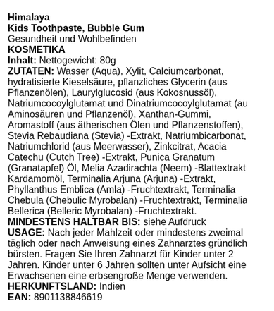 Kids Toothpaste, Bubble Gum - 80 grams