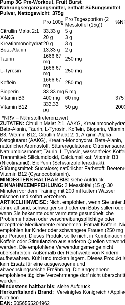 Produktetikett — Pump 3G Pre-Workout, Fruit Burst - 375 grams