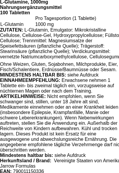 Produktetikett — L-Glutamine, 1000mg - 100 tablets