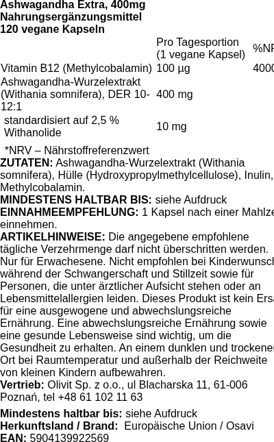Produktetikett — Ashwagandha Extra, 400mg - 120 vegan caps
