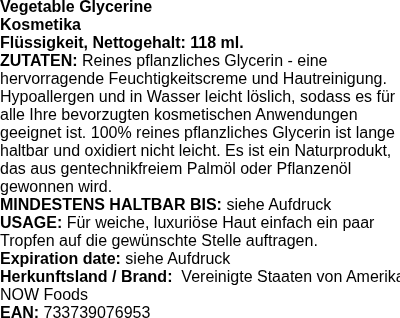Produktetikett — Vegetable Glycerine - 118 ml.