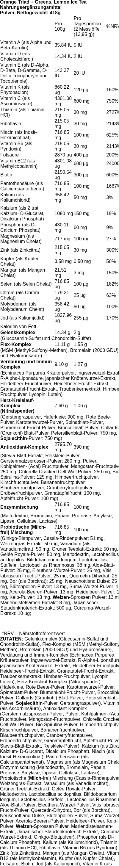 Produktetikett — Orange Triad + Greens, Lemon Ice Tea - 418 grams