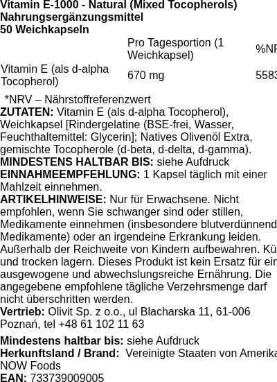 Produktetikett — Vitamin E-1000 - Natural (Mixed Tocopherols) - 50 softgels