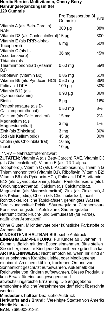 Produktetikett — Nordic Berries Multivitamin, Cherry Berry - 120 gummy berries