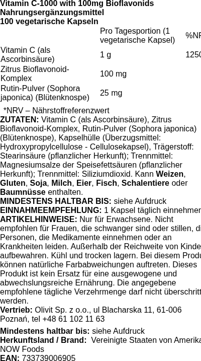Produktetikett — Vitamin C-1000 with 100mg Bioflavonoids - 100 vcaps