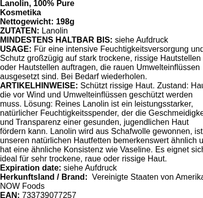 Produktetikett — Lanolin, 100% Pure - 198 grams