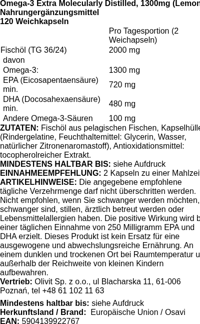 Produktetikett — Omega-3 Extra Molecularly Distilled, 1300mg (Lemon) - 120 softgels