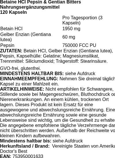 Produktetikett — Betaine HCl Pepsin & Gentian Bitters - 120 caps
