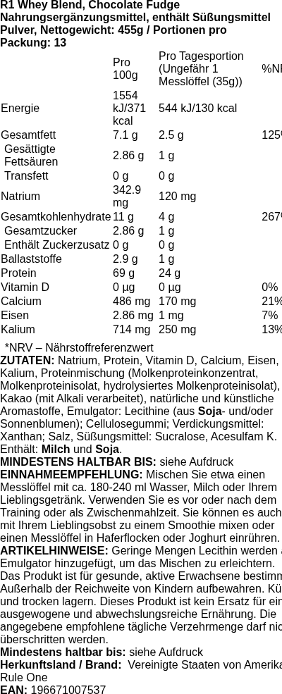 Produktetikett — R1 Whey Blend, Chocolate Fudge - 455 grams