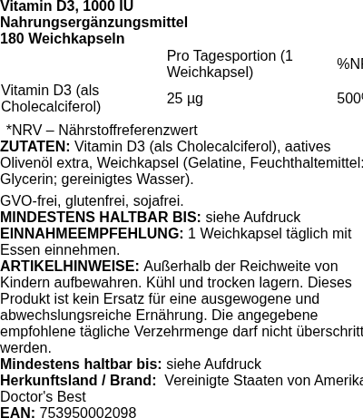 Produktetikett — Vitamin D3, 1000 IU - 180 softgels