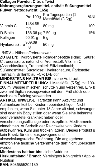 Produktetikett — Collagen Powder, Citrus Twist - 165 grams