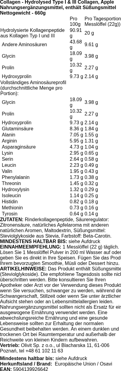 Produktetikett — Collagen Hydrolysed Type I & III, Apple - 660 grams
