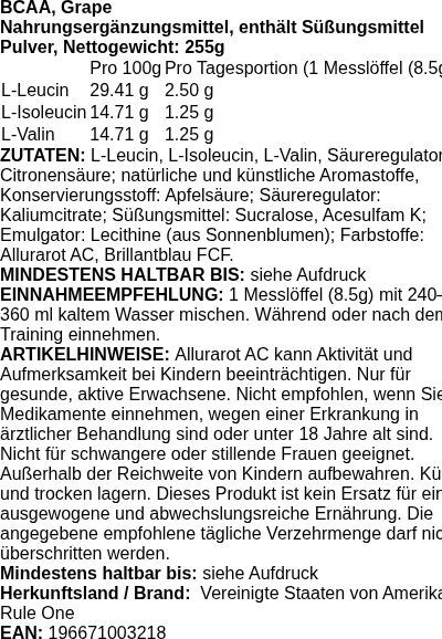 Produktetikett — BCAA, Grape - 255 grams