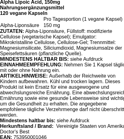 Produktetikett — Alpha-Lipoic Acid, 150mg - 120 vcaps