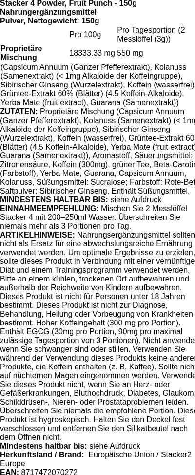Produktetikett — Stacker 4 Powder, Fruit Punch - 150 grams