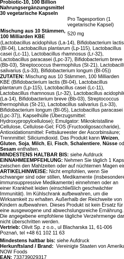 Produktetikett — Probiotic-10, 100 Billion - 30 vcaps