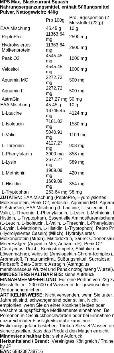 Produktetikett — MPS Max, Blackcurrant Squash - 440 grams