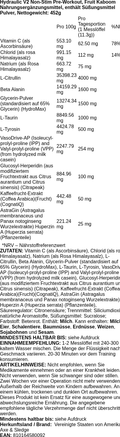 Produktetikett — Hydraulic V2 Non-Stim Pre-Workout, Fruit Kaboom - 452 grams