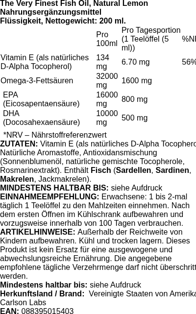 Produktetikett — The Very Finest Fish Oil, Natural Lemon - 200 ml.