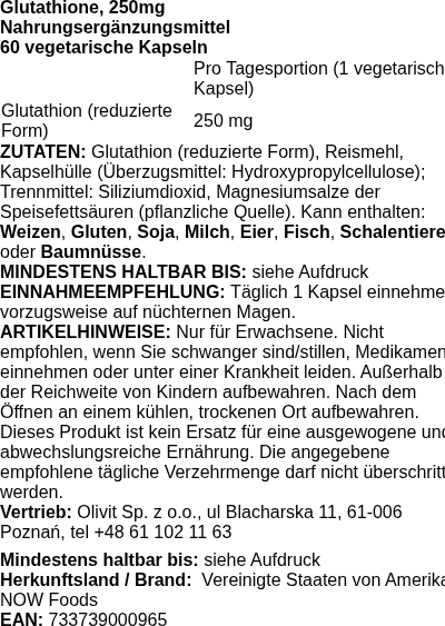 Produktetikett — Glutathione, 250mg - 60 vcaps