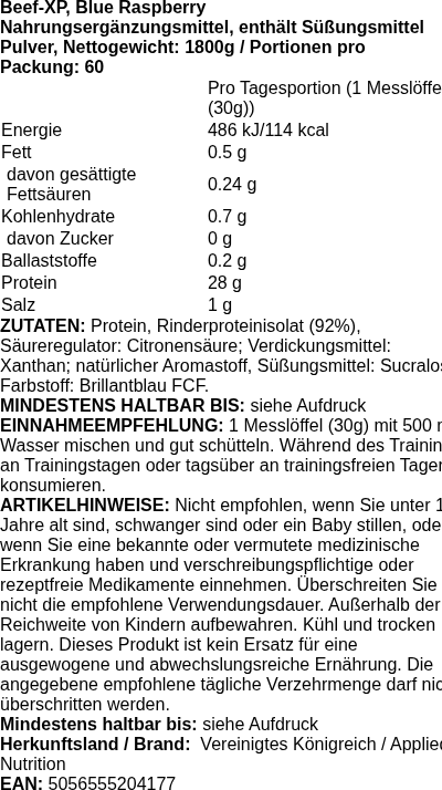 Produktetikett — Beef-XP, Blue Raspberry - 1800 grams