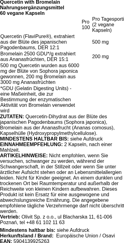 Produktetikett — Quercetin with Bromelain - 60 vegan caps