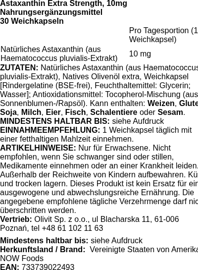 Produktetikett — Astaxanthin Extra Strength, 10mg - 30 softgels