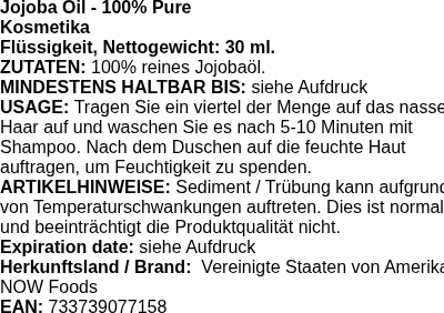 Produktetikett — Jojoba Oil - 100% Pure - 30 ml.