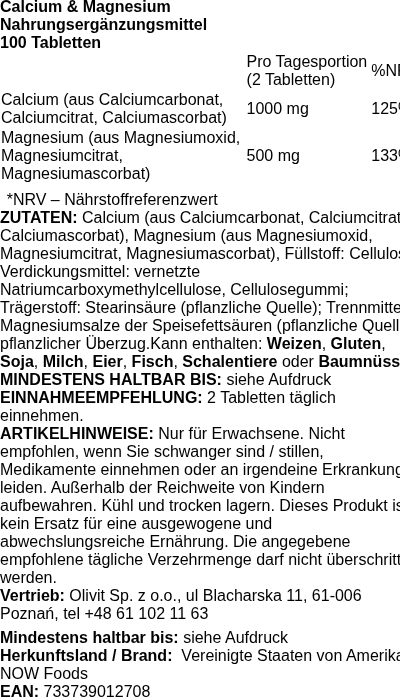 Produktetikett — Calcium & Magnesium - 100 tablets