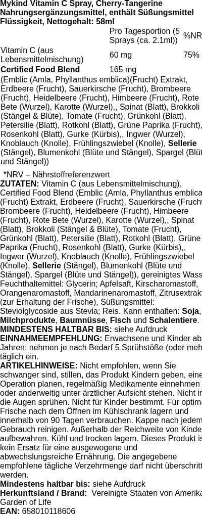 Produktetikett — Mykind Vitamin C Spray, Cherry-Tangerine - 58 ml.