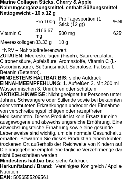Produktetikett — Marine Collagen Sticks, Cherry & Apple - 10 x 12g
